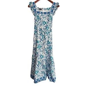 Talbots Maxi Dress Floral bird Print Blue White Square Neck Flutter Sleeve  8